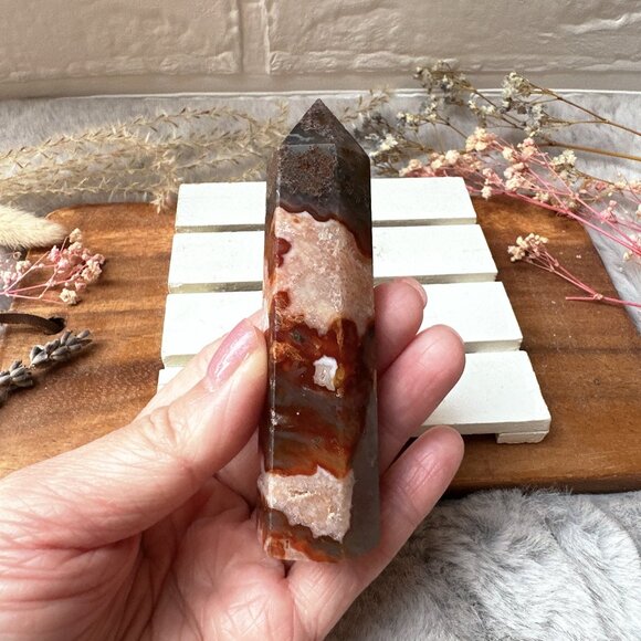 Beautiful Small Red Moss Agate Tower Obelisk - Picture 3 of 7